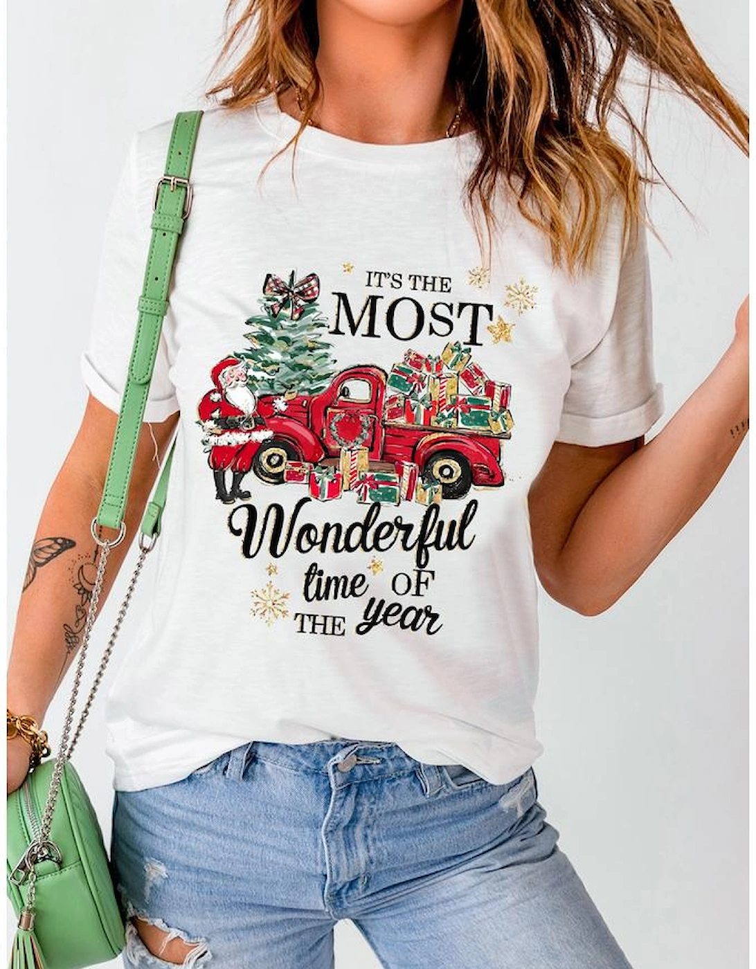 White Christmas Pattern Slogan Print Crew Neck T Shirt