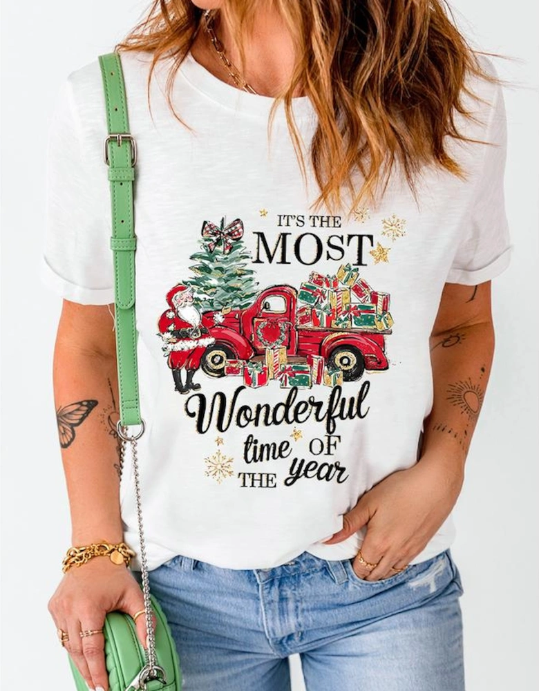 White Christmas Pattern Slogan Print Crew Neck T Shirt