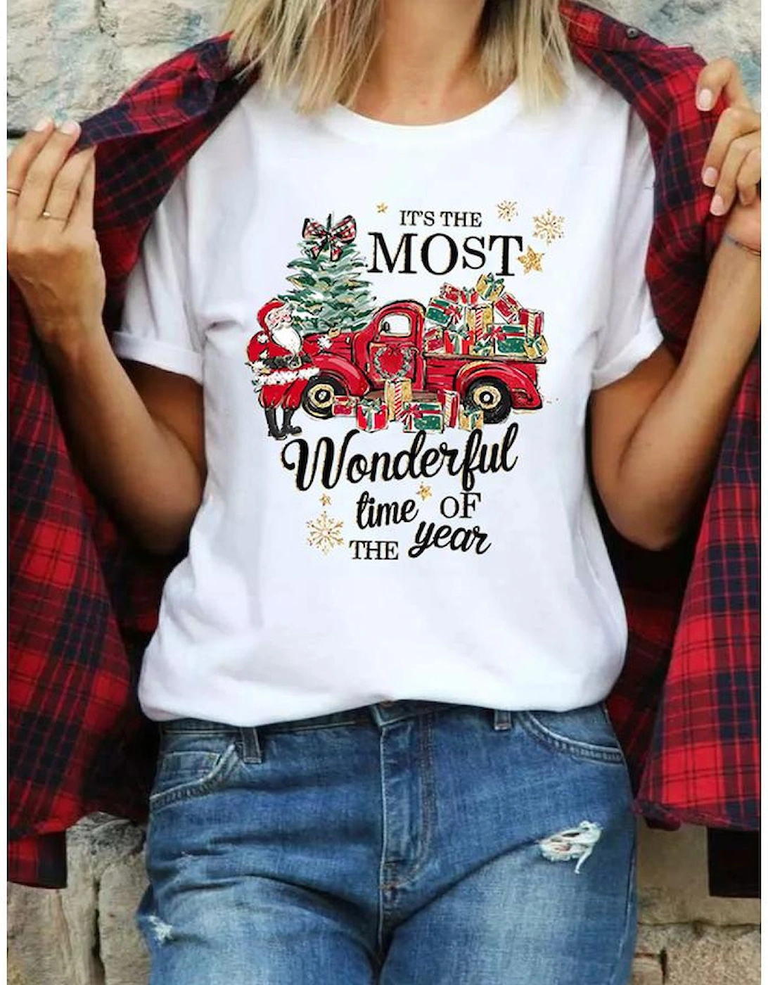 White Christmas Pattern Slogan Print Crew Neck T Shirt