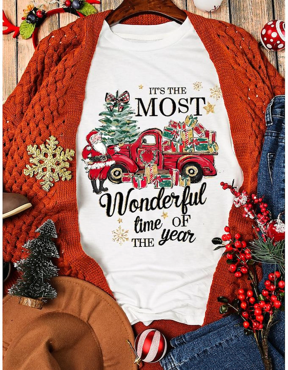 White Christmas Pattern Slogan Print Crew Neck T Shirt