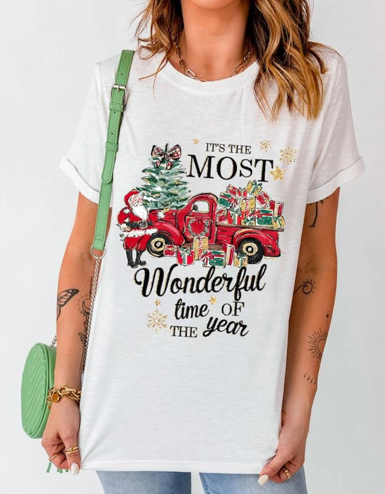 White Christmas Pattern Slogan Print Crew Neck T Shirt