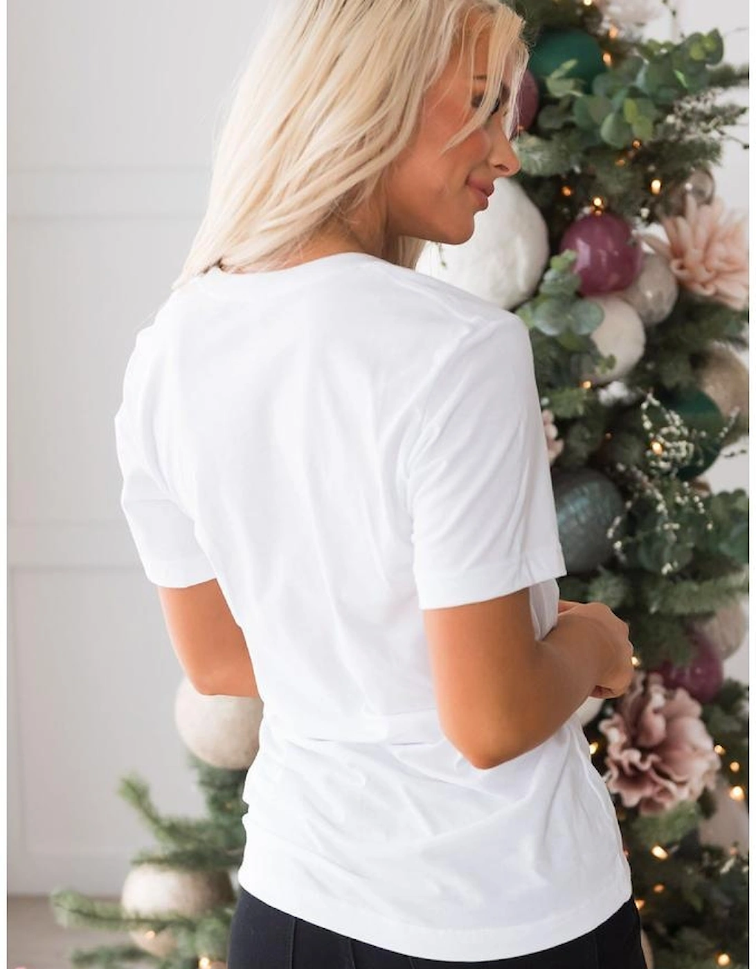 White Christmas Pattern Slogan Print Crew Neck T Shirt