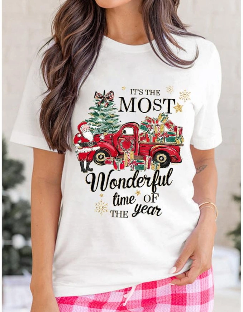 White Christmas Pattern Slogan Print Crew Neck T Shirt