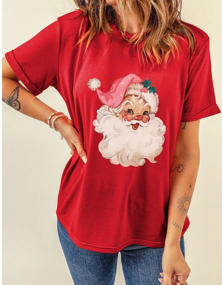 Red Christmas Santa Claus Print Crew Neck T Shirt