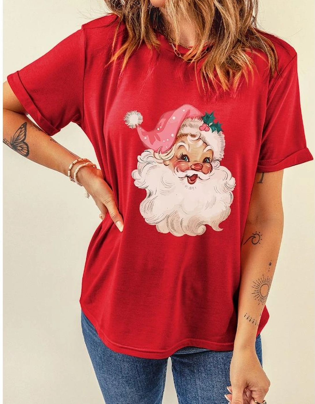 Red Christmas Santa Claus Print Crew Neck T Shirt