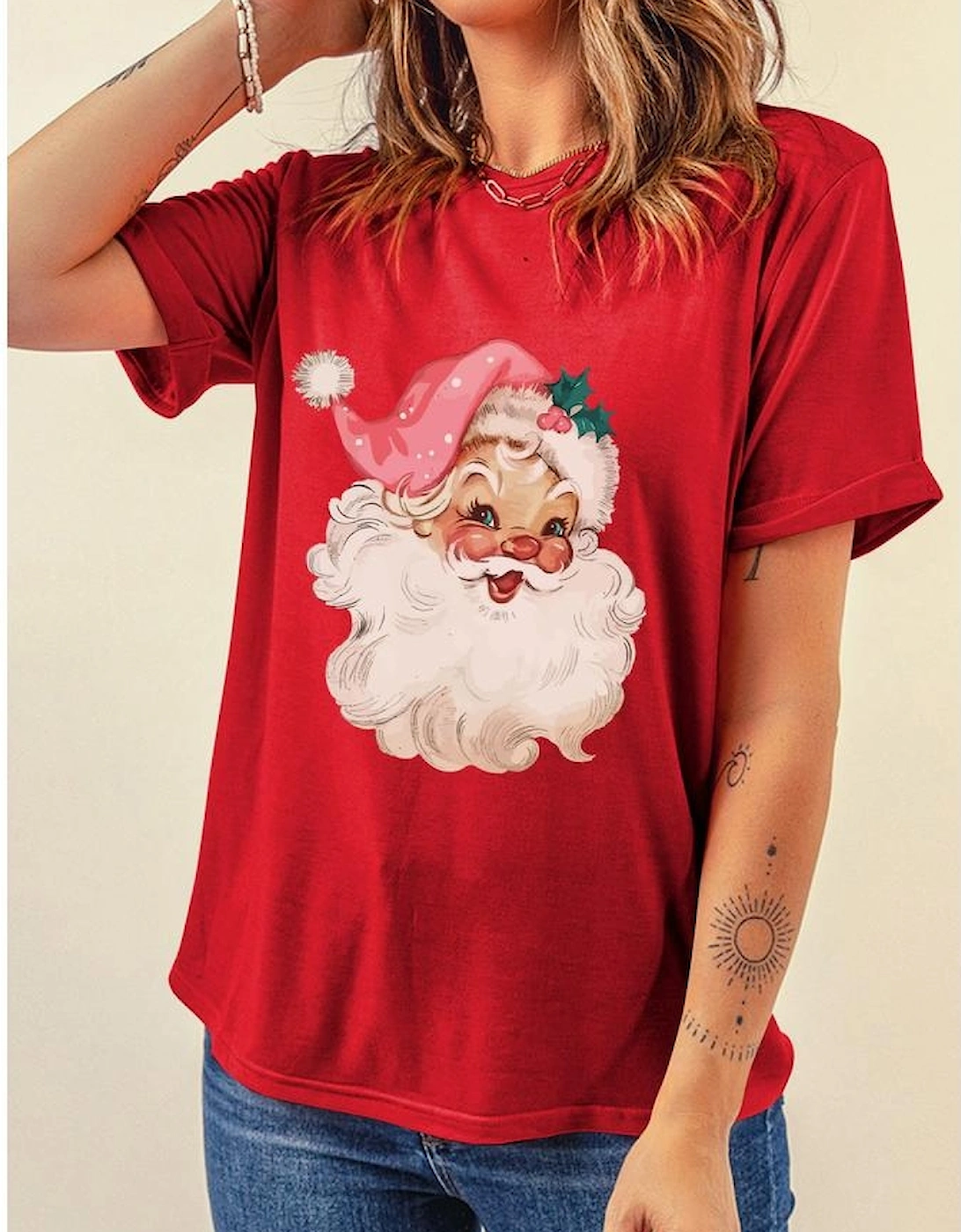 Red Christmas Santa Claus Print Crew Neck T Shirt