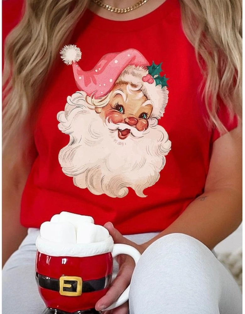 Red Christmas Santa Claus Print Crew Neck T Shirt