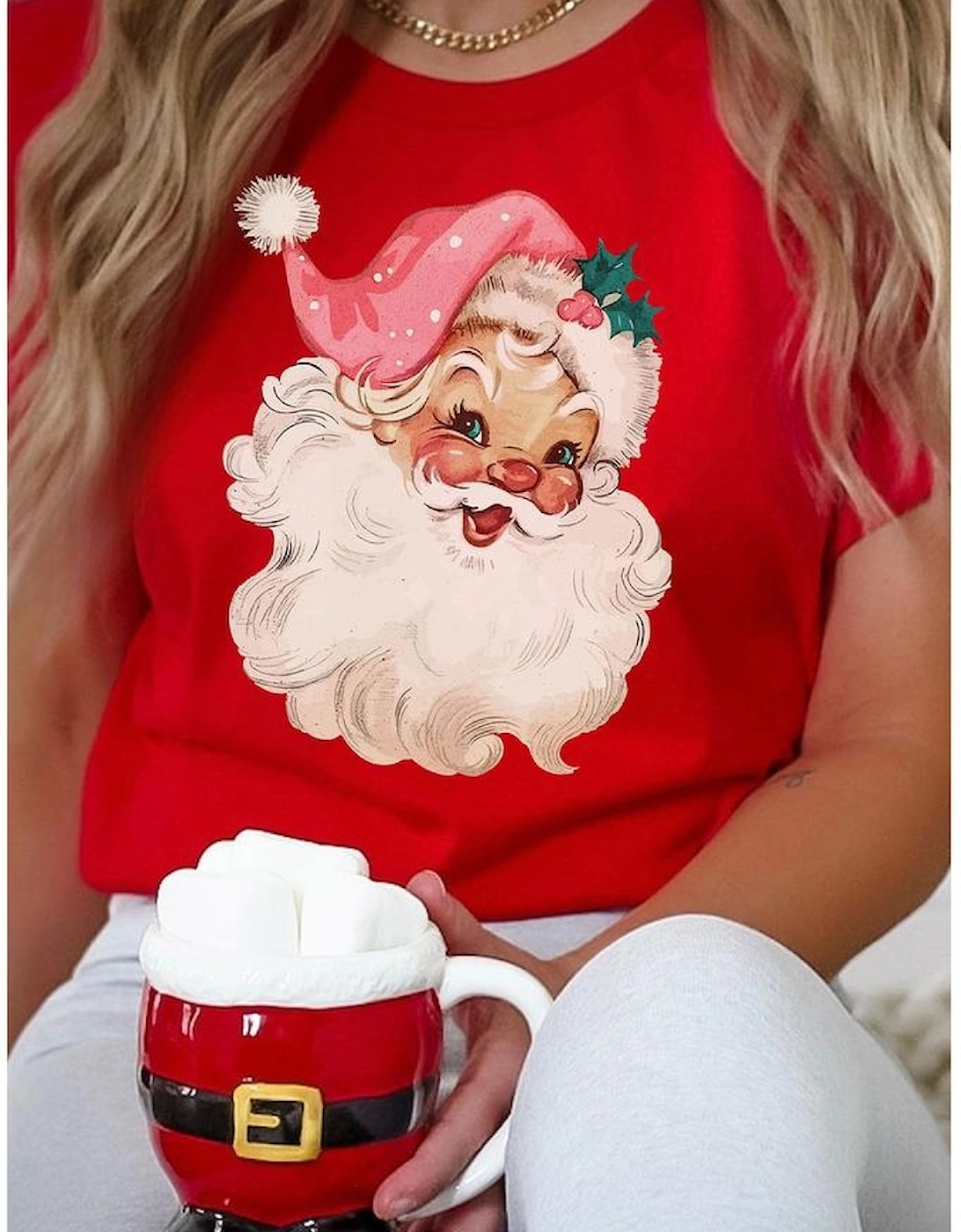 Red Christmas Santa Claus Print Crew Neck T Shirt