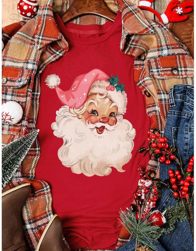Red Christmas Santa Claus Print Crew Neck T Shirt