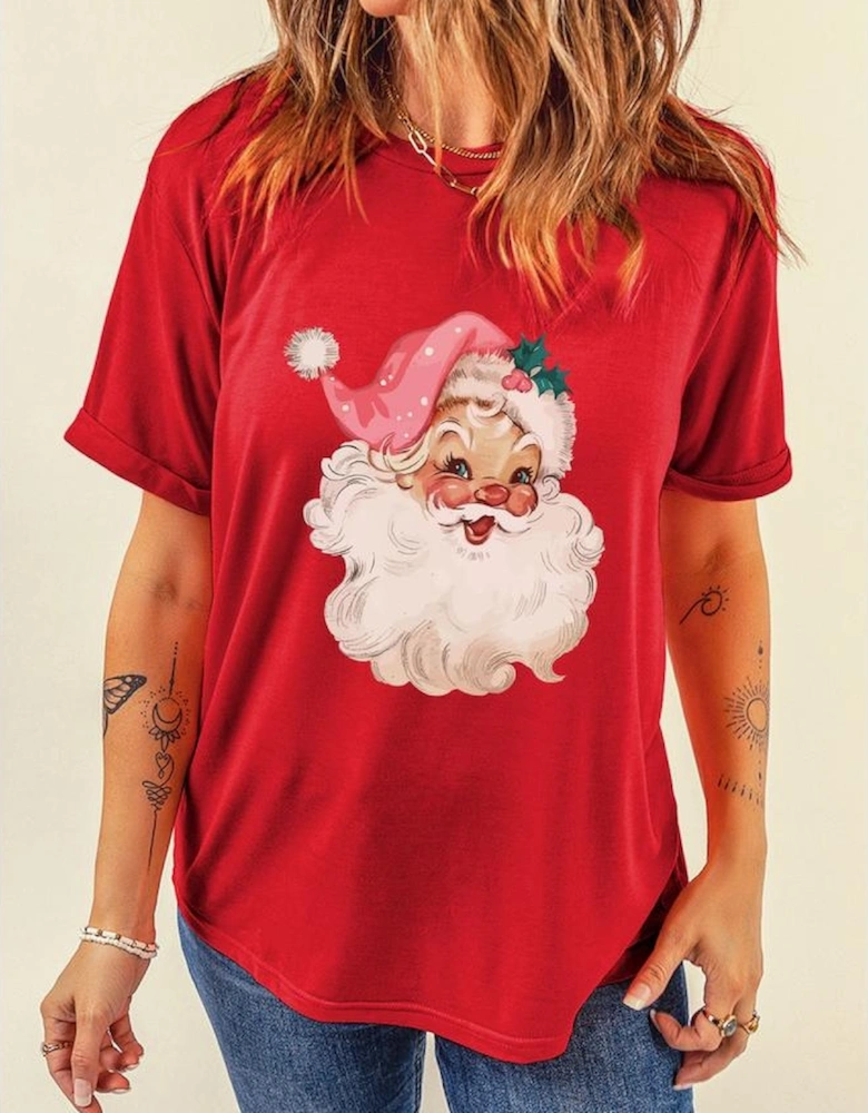 Red Christmas Santa Claus Print Crew Neck T Shirt