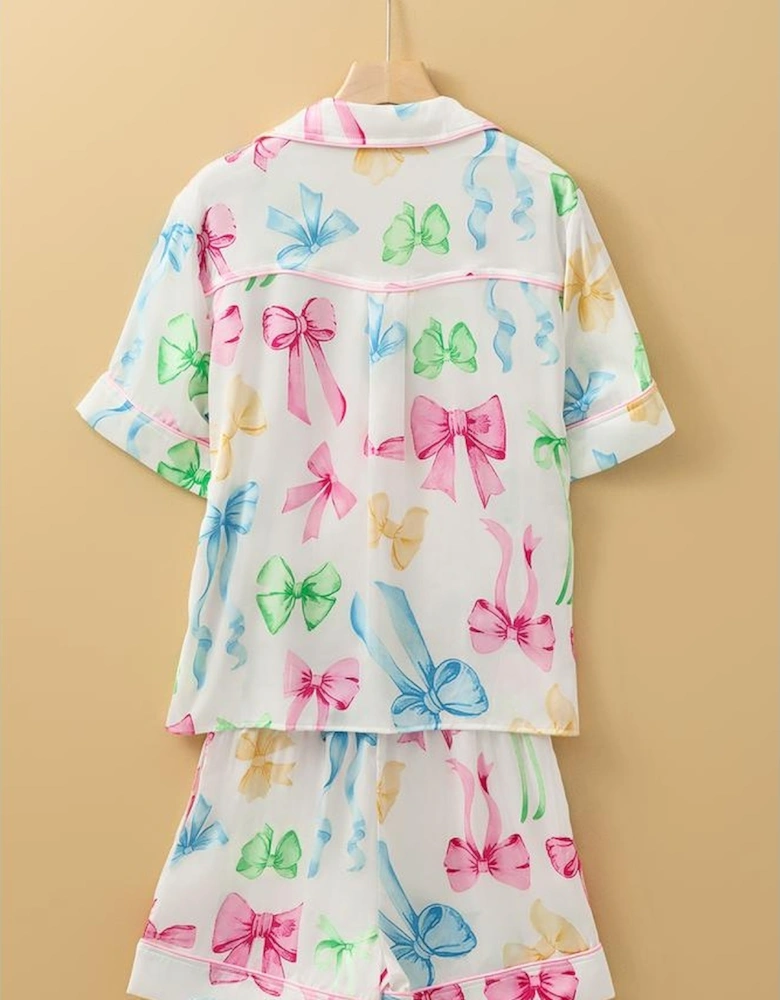 White Bowknot Print Buttoned Shirt High Waist Shorts Pajama Set