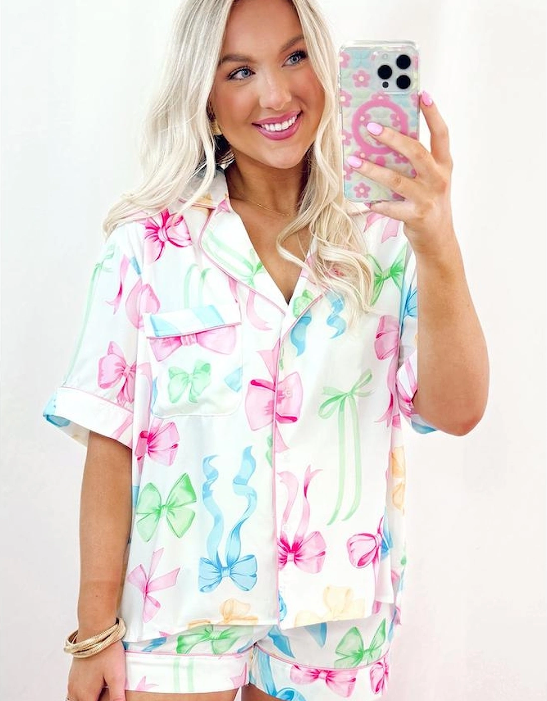 White Bowknot Print Buttoned Shirt High Waist Shorts Pajama Set