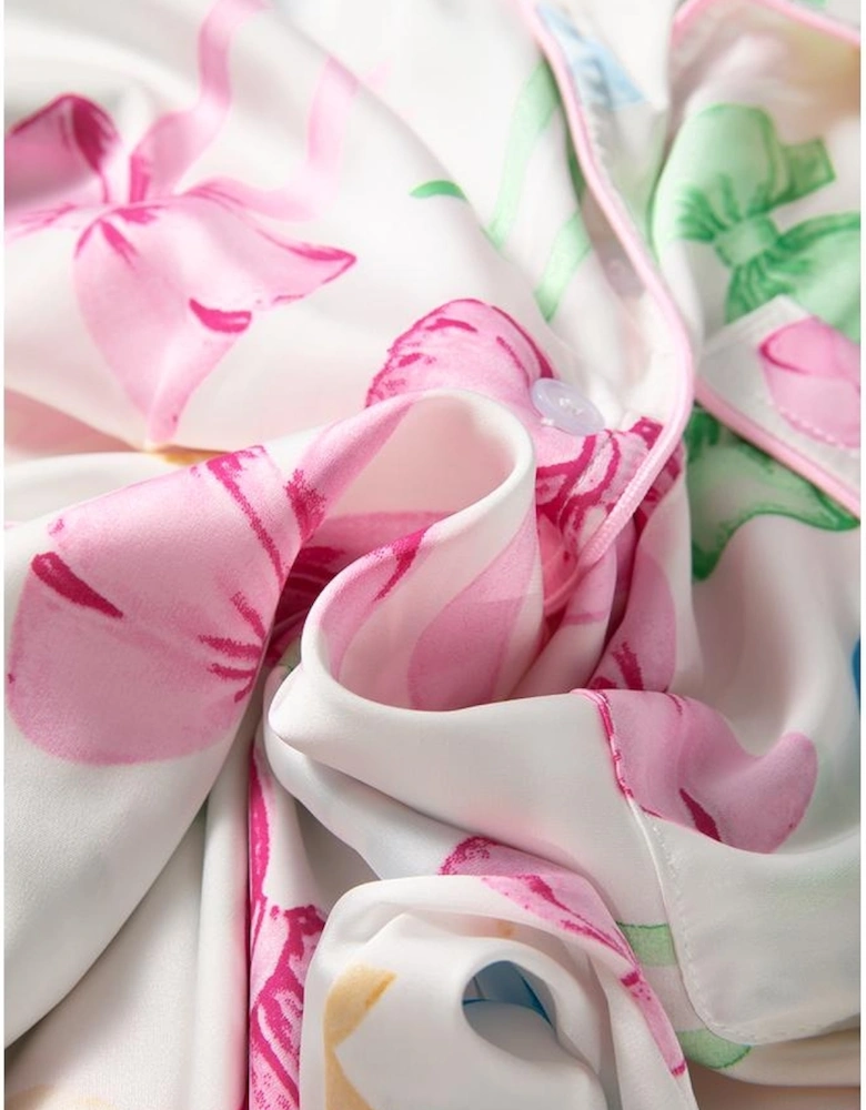 White Bowknot Print Buttoned Shirt High Waist Shorts Pajama Set