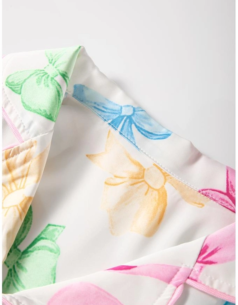 White Bowknot Print Buttoned Shirt High Waist Shorts Pajama Set