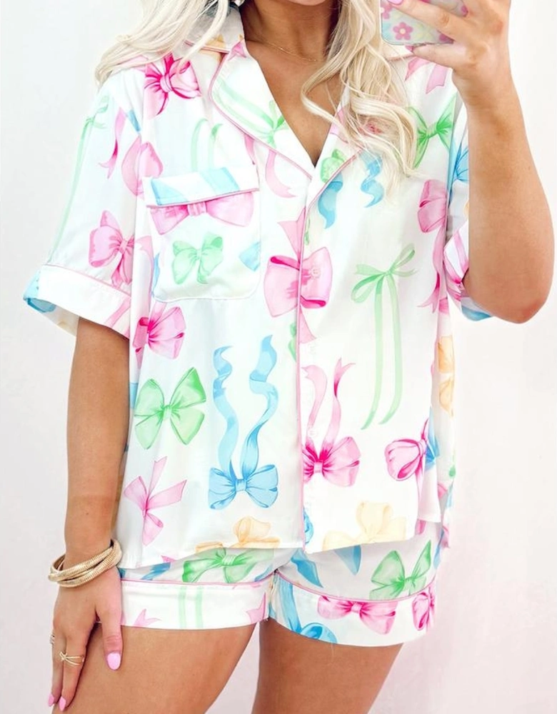 White Bowknot Print Buttoned Shirt High Waist Shorts Pajama Set