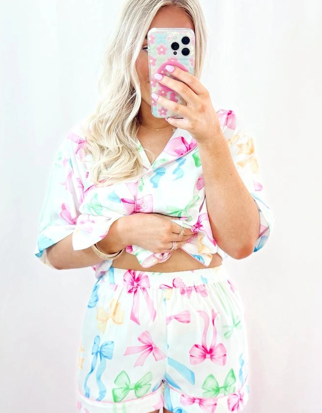 White Bowknot Print Buttoned Shirt High Waist Shorts Pajama Set