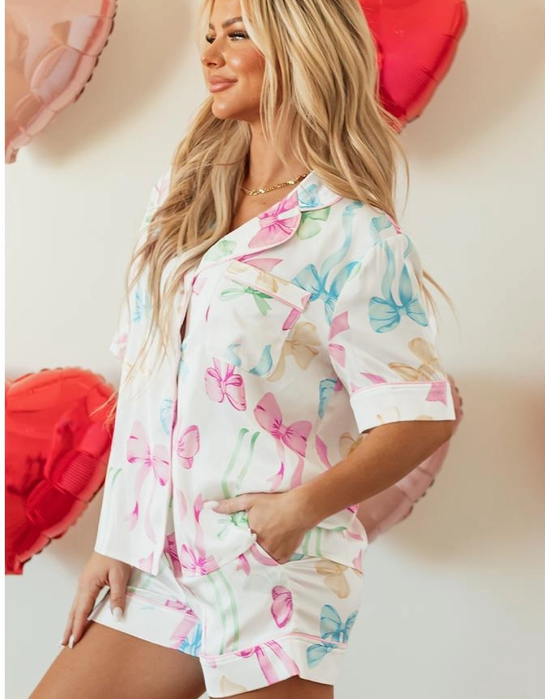 White Bowknot Print Buttoned Shirt High Waist Shorts Pajama Set