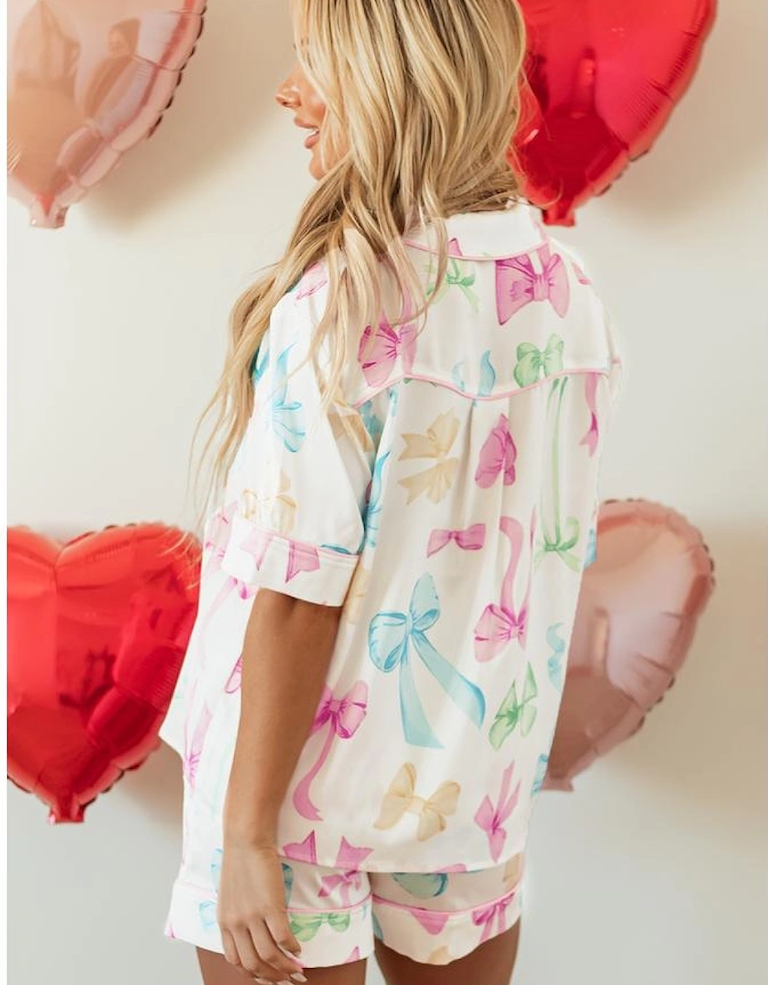 White Bowknot Print Buttoned Shirt High Waist Shorts Pajama Set