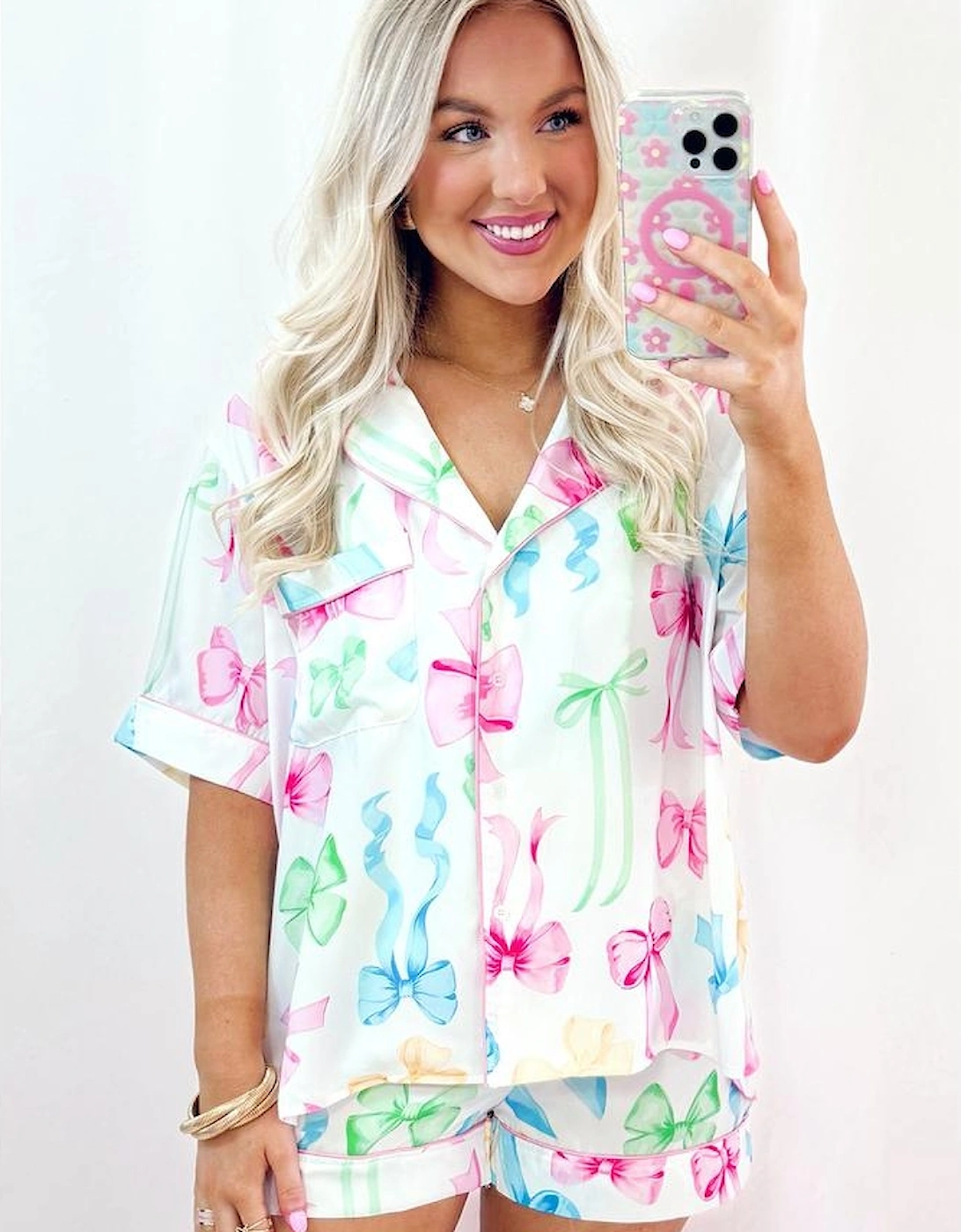 White Bowknot Print Buttoned Shirt High Waist Shorts Pajama Set