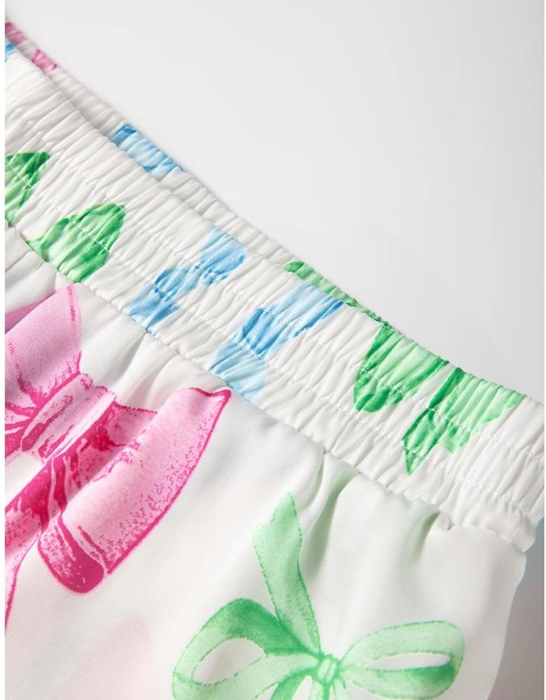 White Bowknot Print Buttoned Shirt High Waist Shorts Pajama Set