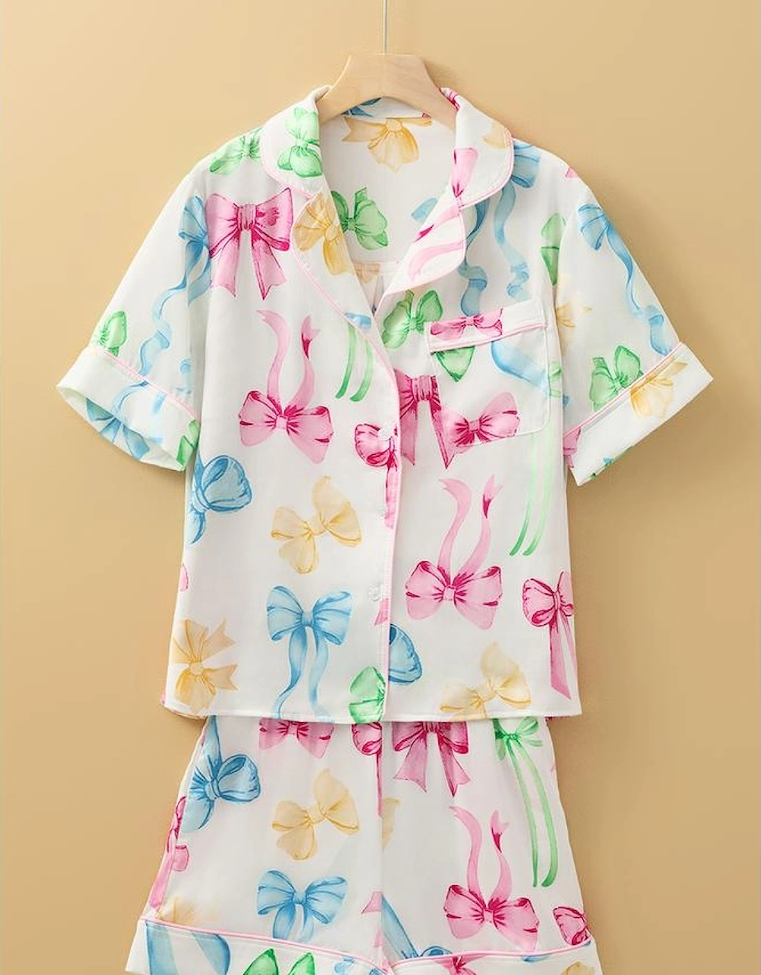 White Bowknot Print Buttoned Shirt High Waist Shorts Pajama Set