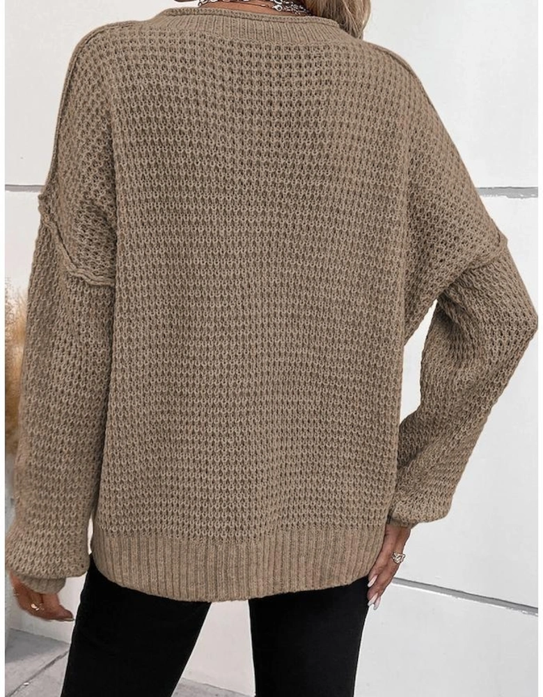 Khaki Pointelle Knit Button V Neck Drop Shoulder Sweater