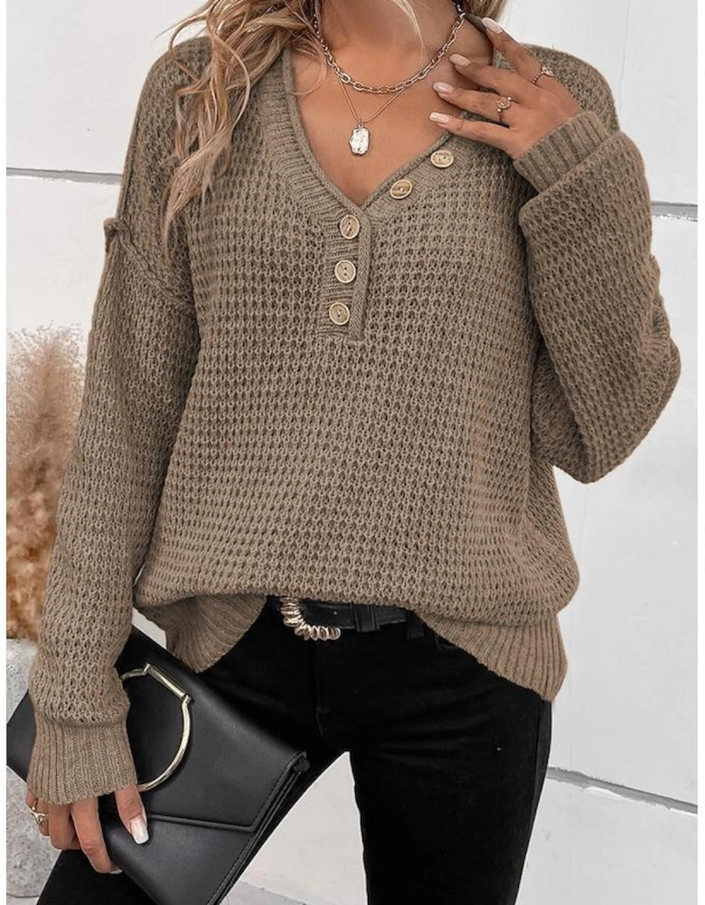 Khaki Pointelle Knit Button V Neck Drop Shoulder Sweater
