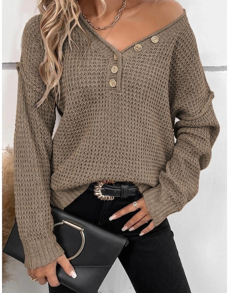 Khaki Pointelle Knit Button V Neck Drop Shoulder Sweater