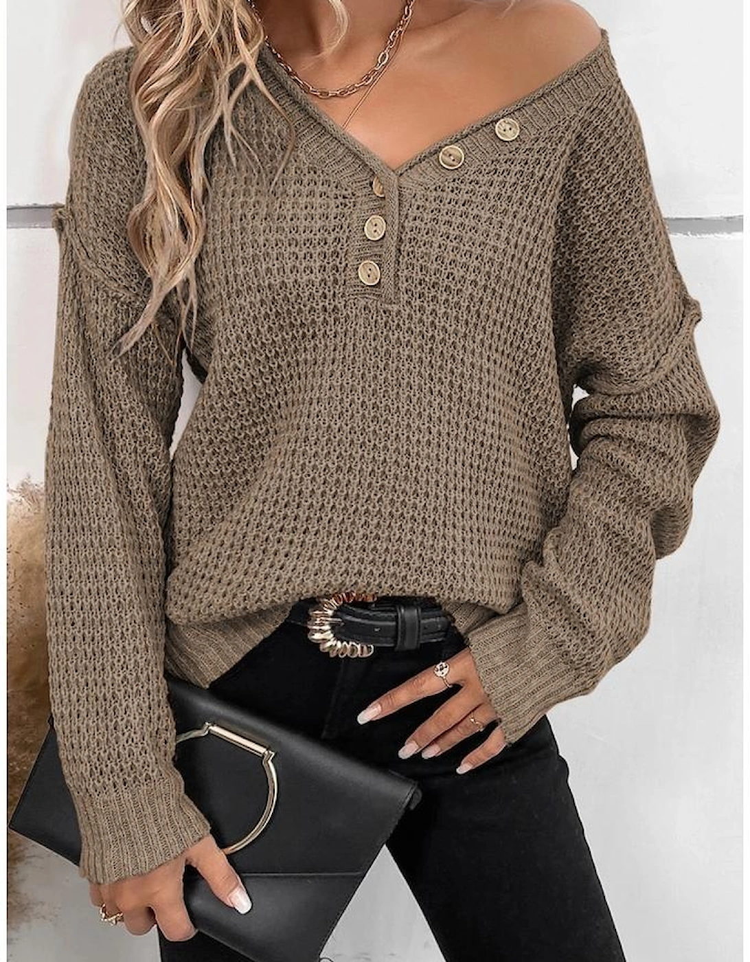Khaki Pointelle Knit Button V Neck Drop Shoulder Sweater