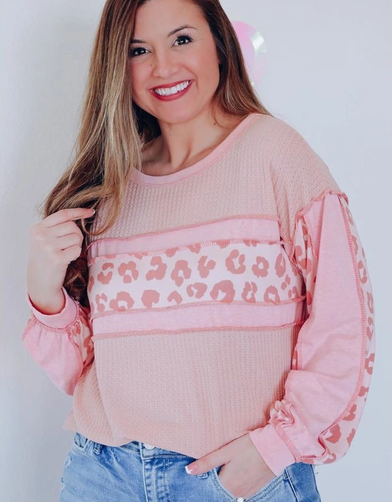 Pink Leopard Patchwork Exposed Seam Waffle Knit Top