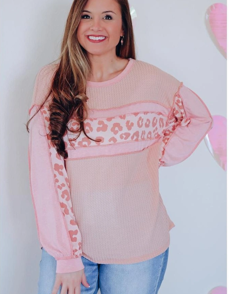 Pink Leopard Patchwork Exposed Seam Waffle Knit Top