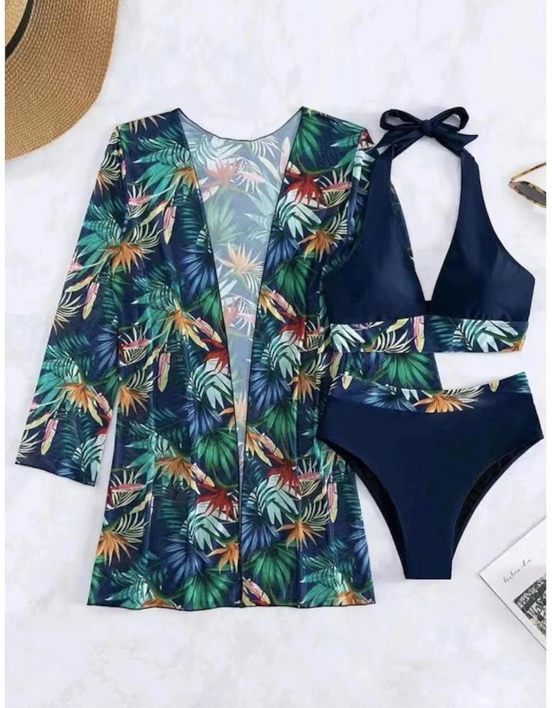 Black 3pcs Tropical Contrast Trim Halter Bikini Set with Cover up