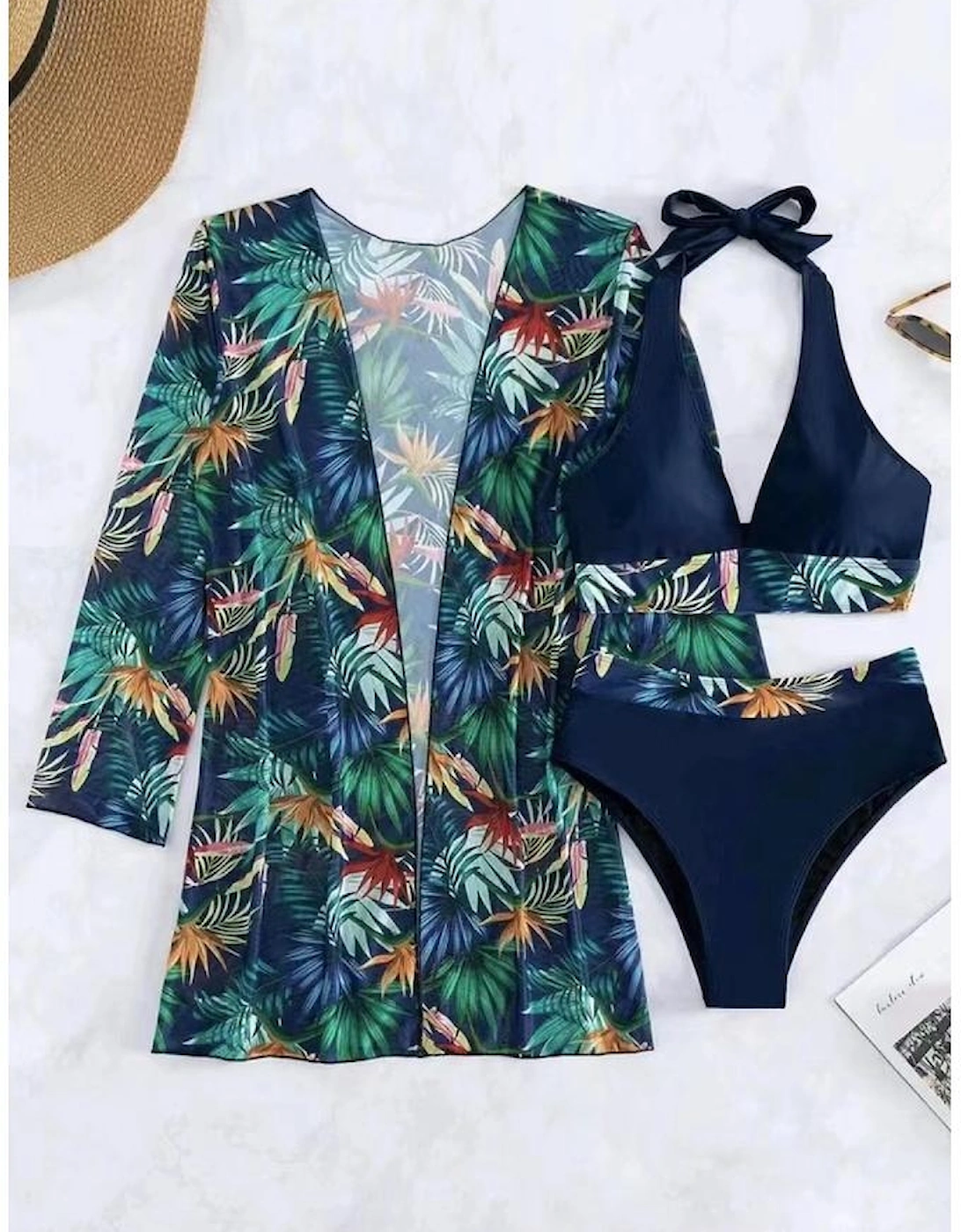 Black 3pcs Tropical Contrast Trim Halter Bikini Set with Cover up, 5 of 4