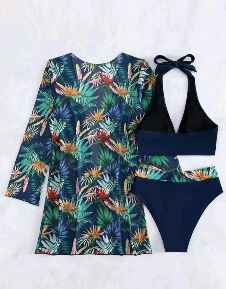 Black 3pcs Tropical Contrast Trim Halter Bikini Set with Cover up
