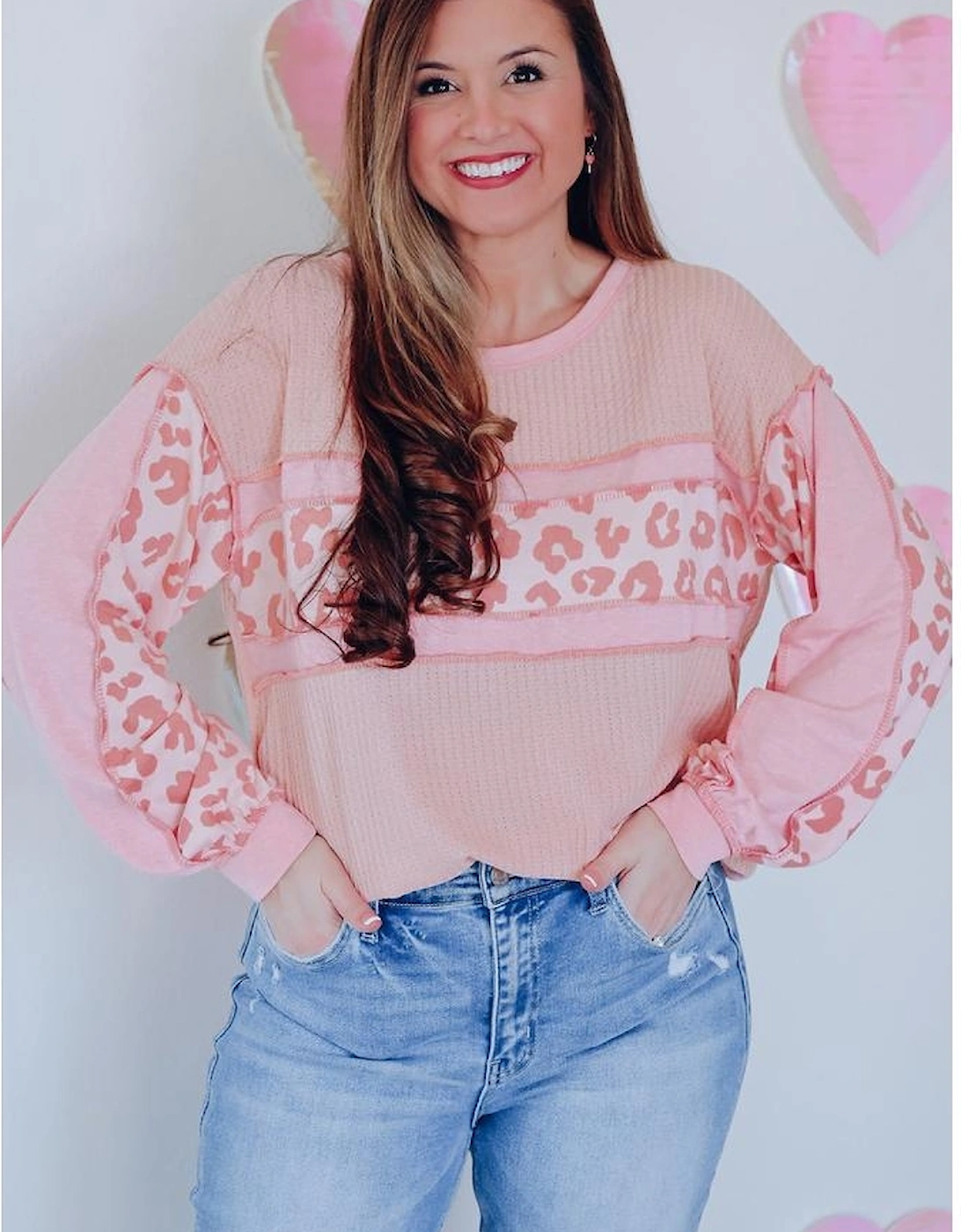 Pink Leopard Patchwork Exposed Seam Waffle Knit Top