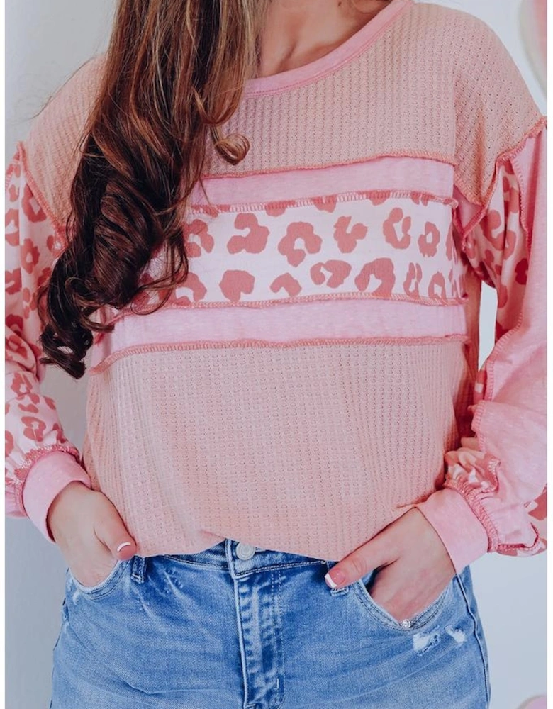 Pink Leopard Patchwork Exposed Seam Waffle Knit Top
