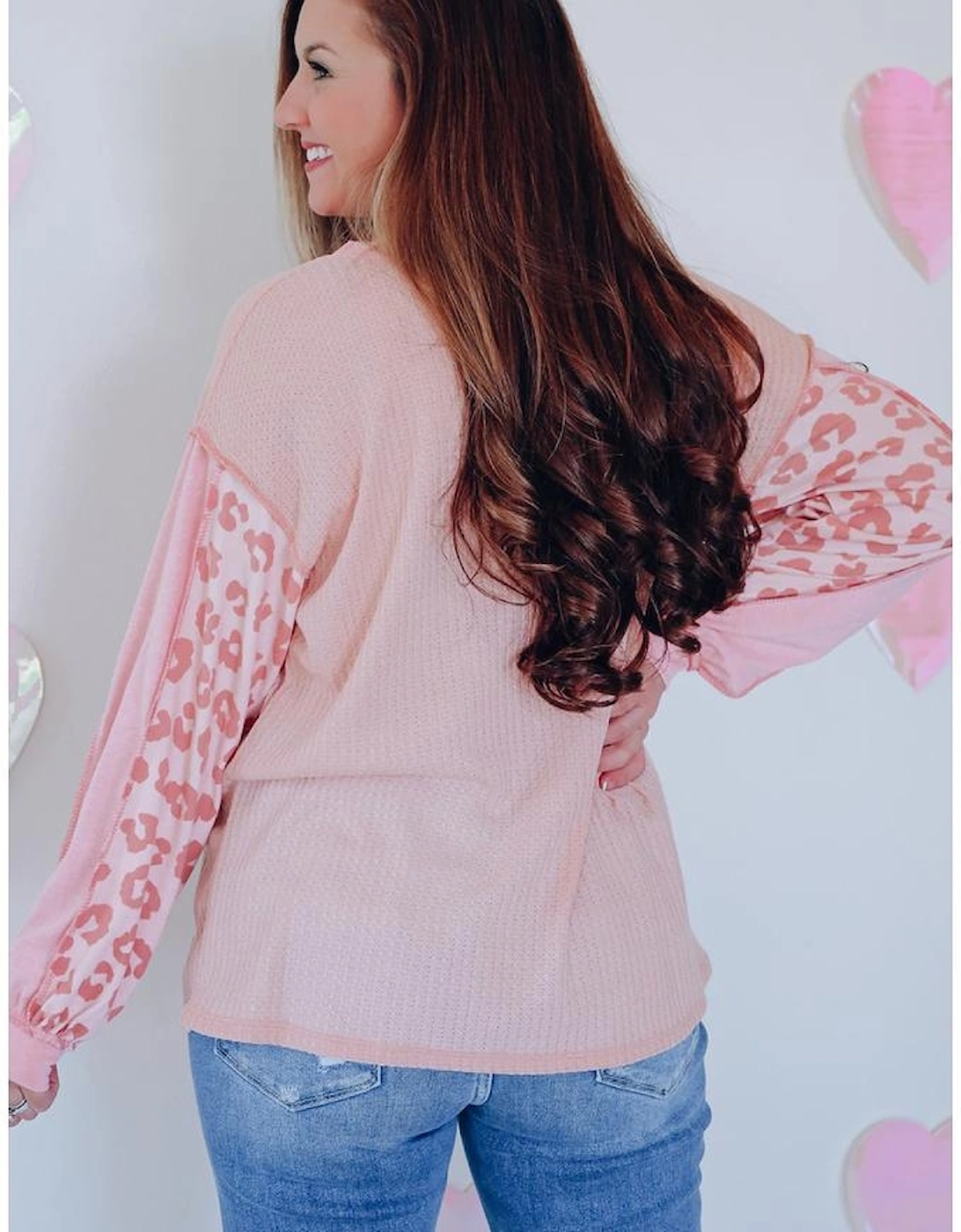 Pink Leopard Patchwork Exposed Seam Waffle Knit Top