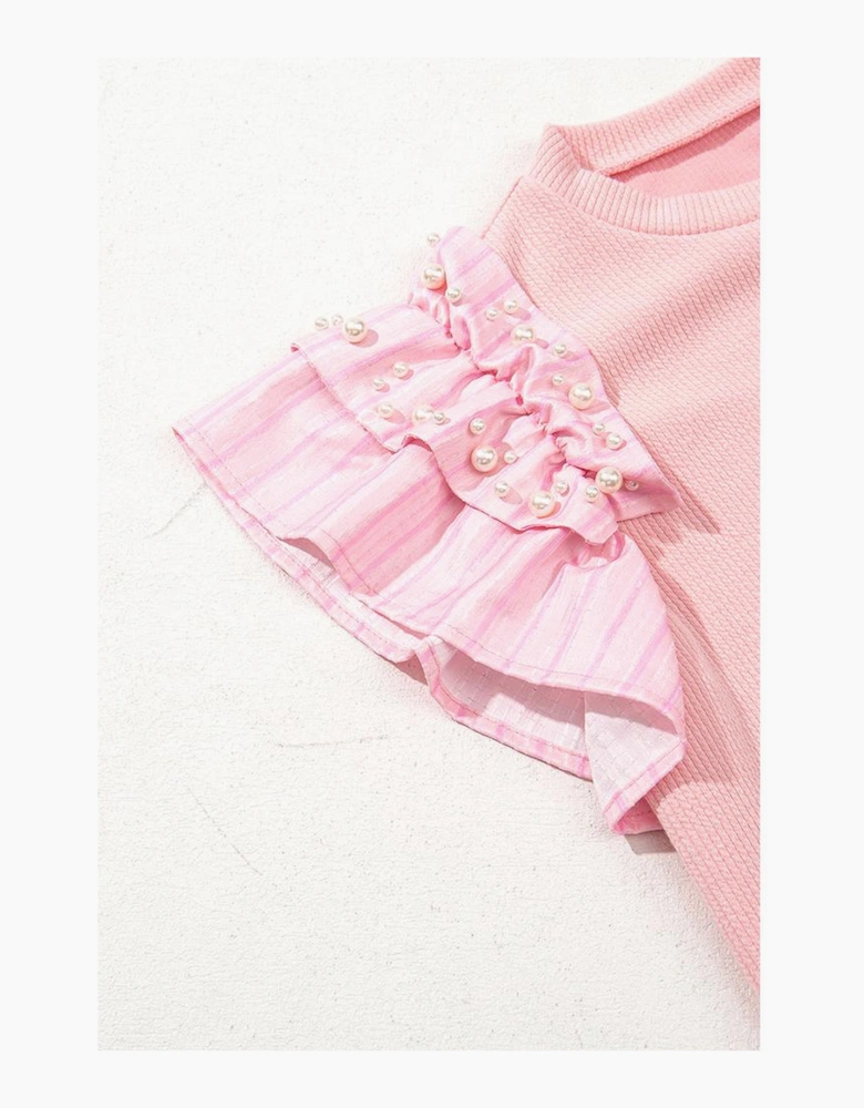 Light Pink Pearl Beaded Ruffle Short Sleeve Patchwork Ribbed Blouse