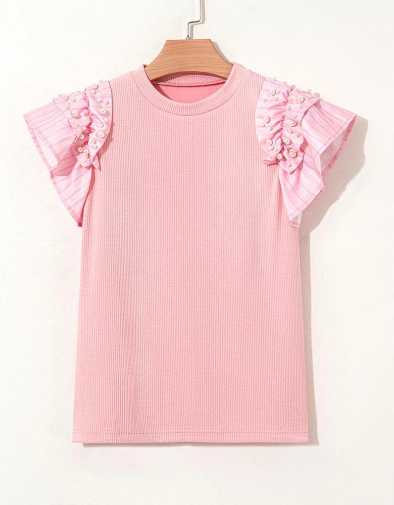 Light Pink Pearl Beaded Ruffle Short Sleeve Patchwork Ribbed Blouse