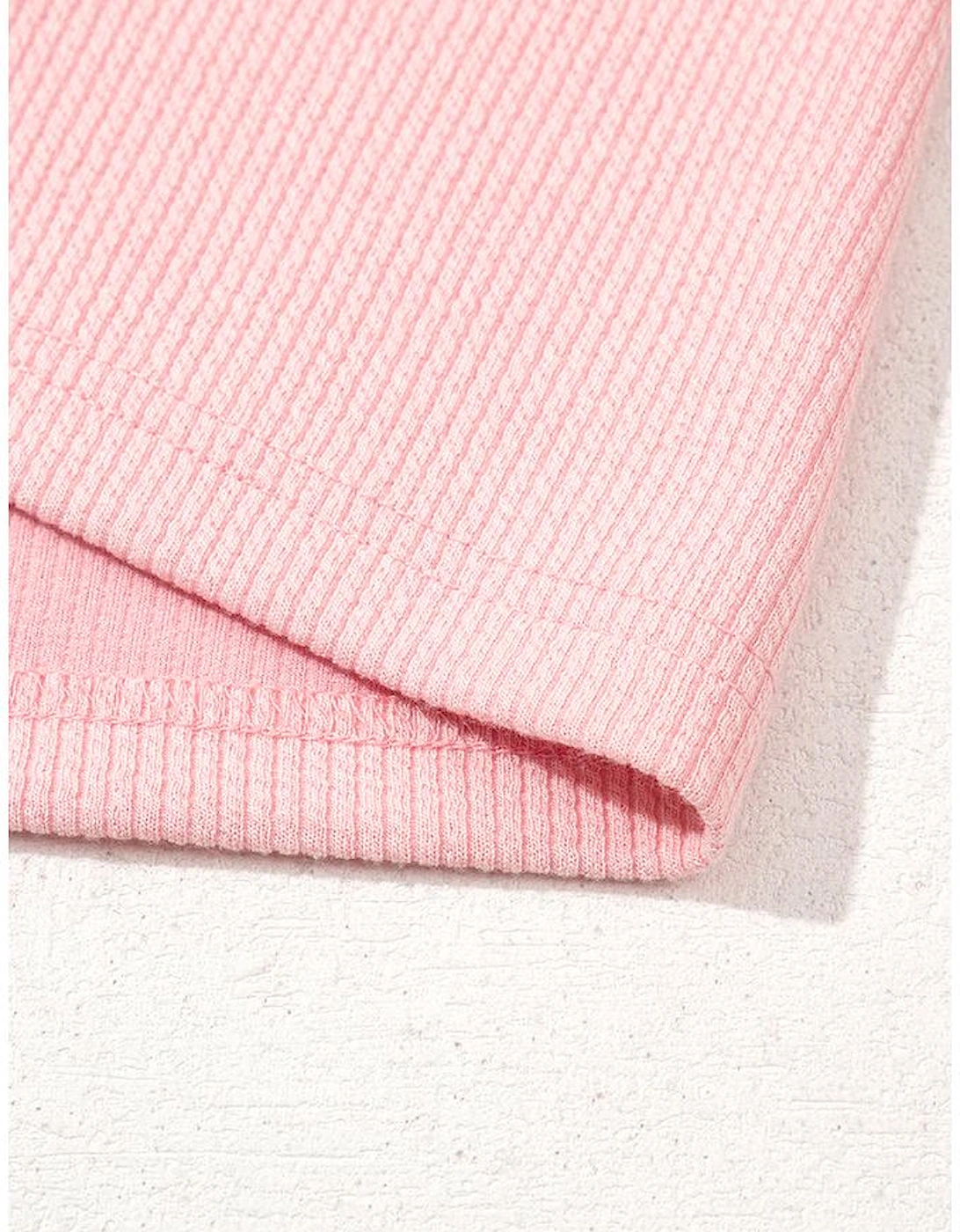 Light Pink Pearl Beaded Ruffle Short Sleeve Patchwork Ribbed Blouse