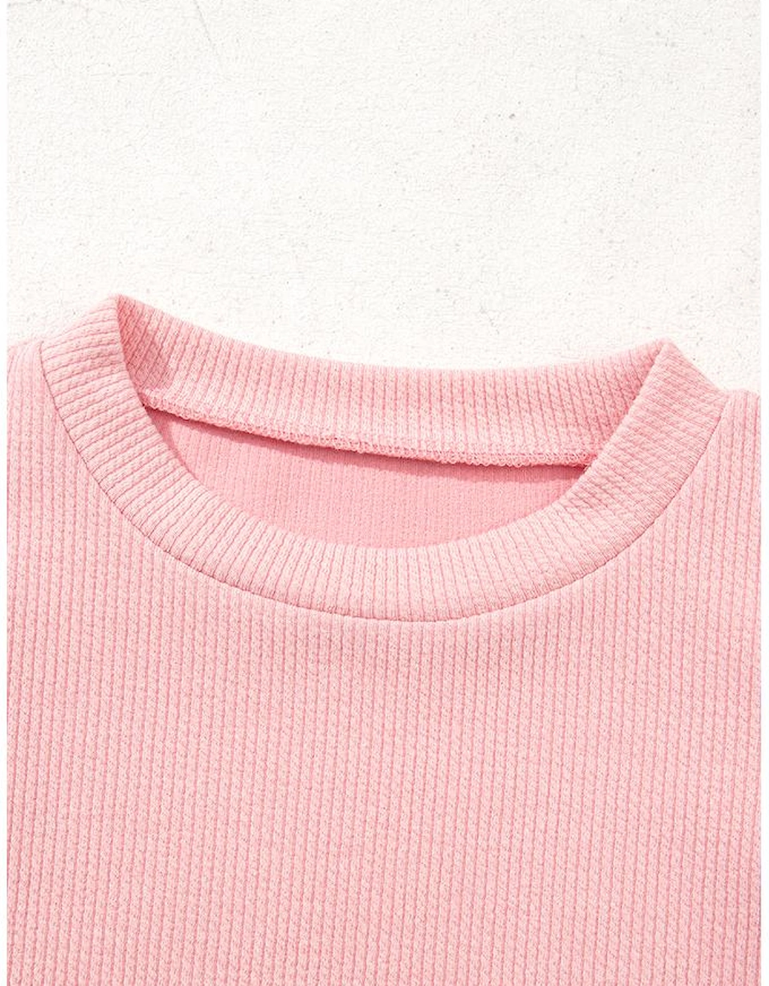 Light Pink Pearl Beaded Ruffle Short Sleeve Patchwork Ribbed Blouse