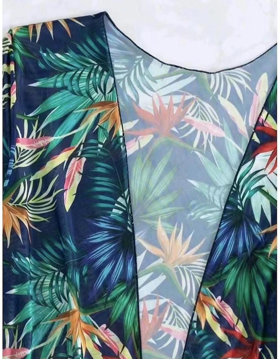 Black 3pcs Tropical Contrast Trim Halter Bikini Set with Cover up