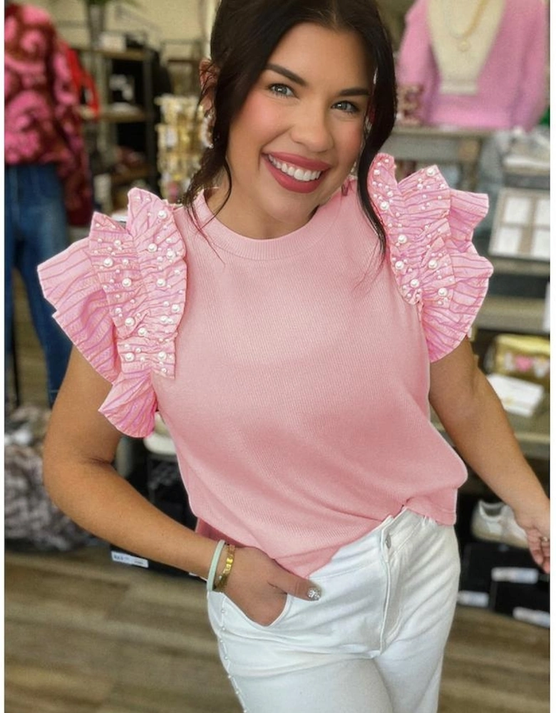 Light Pink Pearl Beaded Ruffle Short Sleeve Patchwork Ribbed Blouse