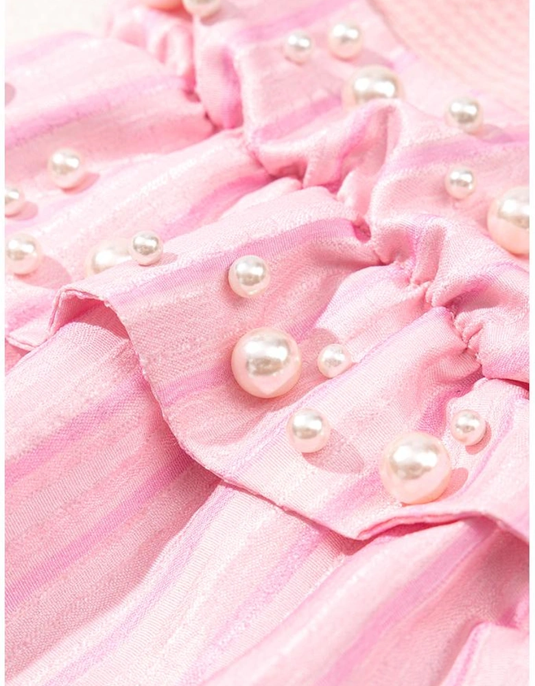 Light Pink Pearl Beaded Ruffle Short Sleeve Patchwork Ribbed Blouse