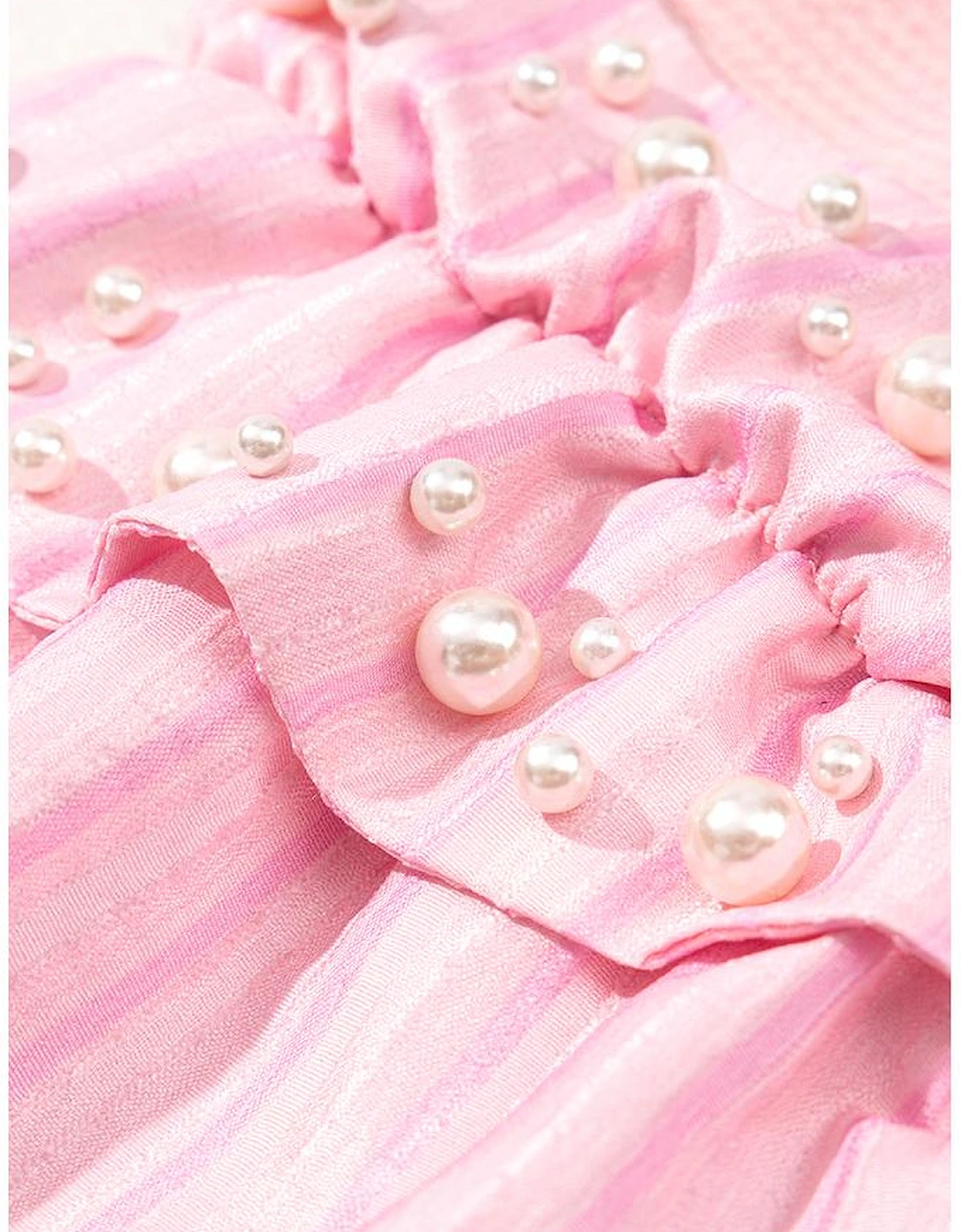 Light Pink Pearl Beaded Ruffle Short Sleeve Patchwork Ribbed Blouse