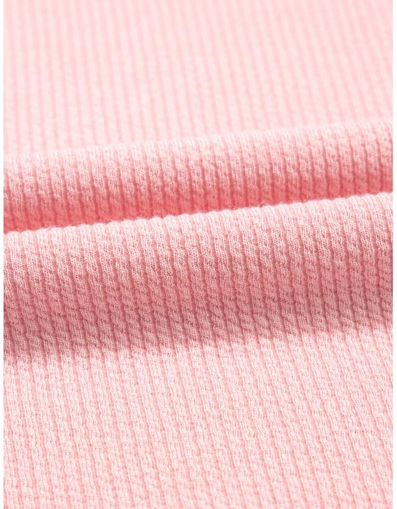 Light Pink Pearl Beaded Ruffle Short Sleeve Patchwork Ribbed Blouse