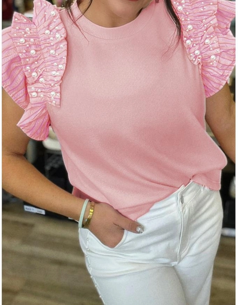 Light Pink Pearl Beaded Ruffle Short Sleeve Patchwork Ribbed Blouse