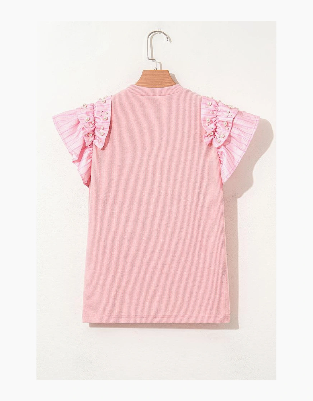 Light Pink Pearl Beaded Ruffle Short Sleeve Patchwork Ribbed Blouse