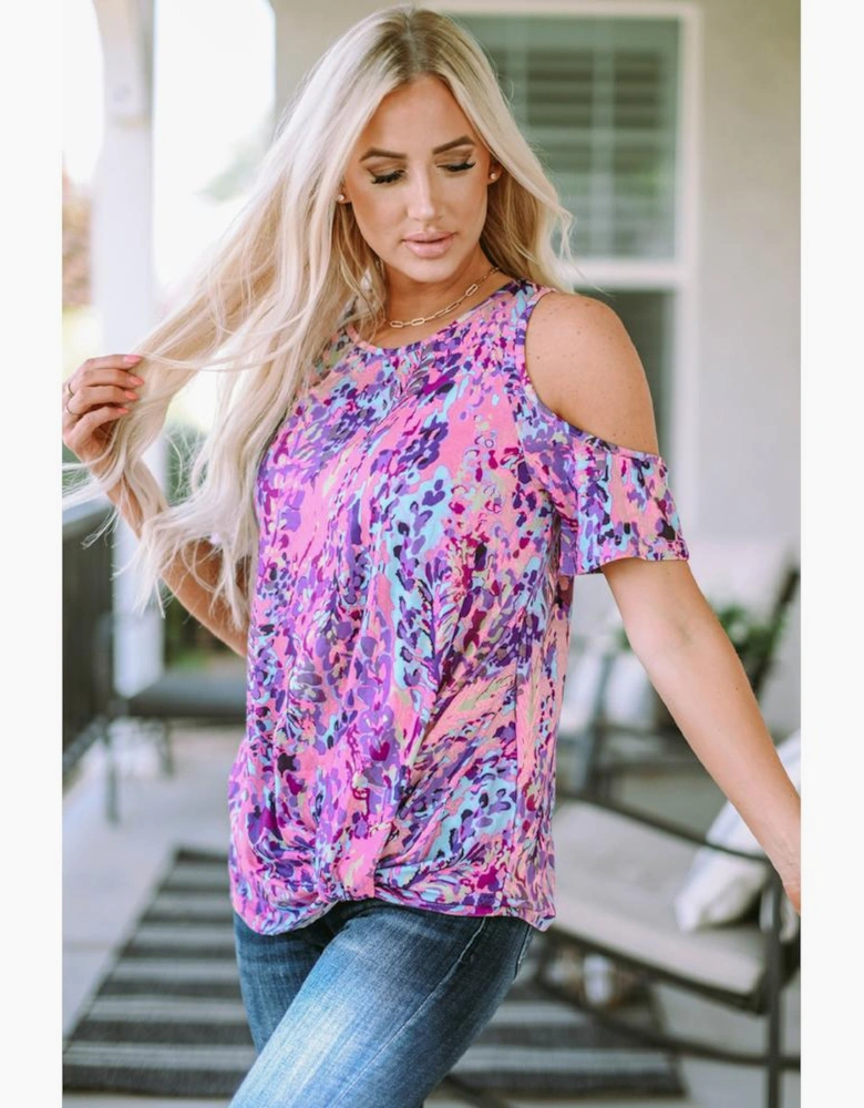 Multicolor Lavender Floral Print Cold Shoulder Blouse
