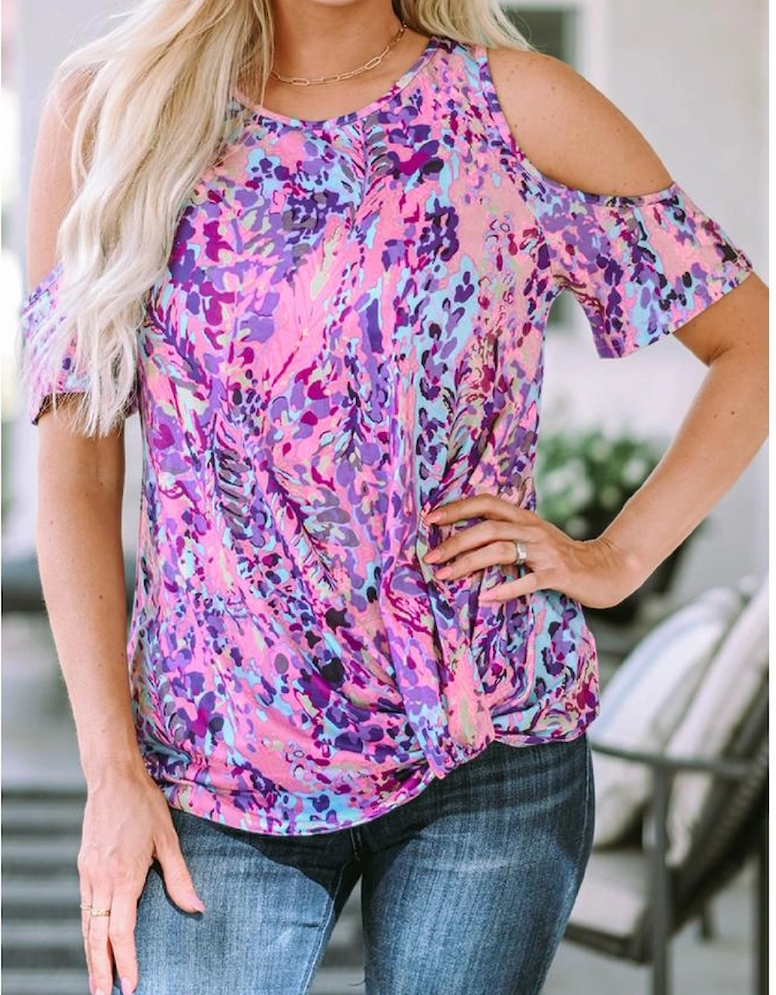 Multicolor Lavender Floral Print Cold Shoulder Blouse